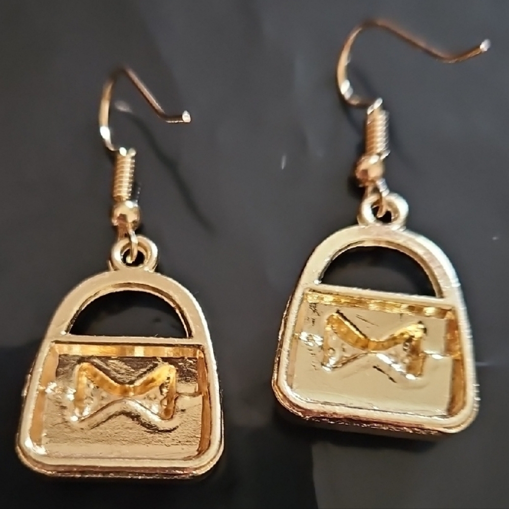 Red Handbag Earrings with Rhinestone Bowand Gold Tone Handle - Picture 2 of 2